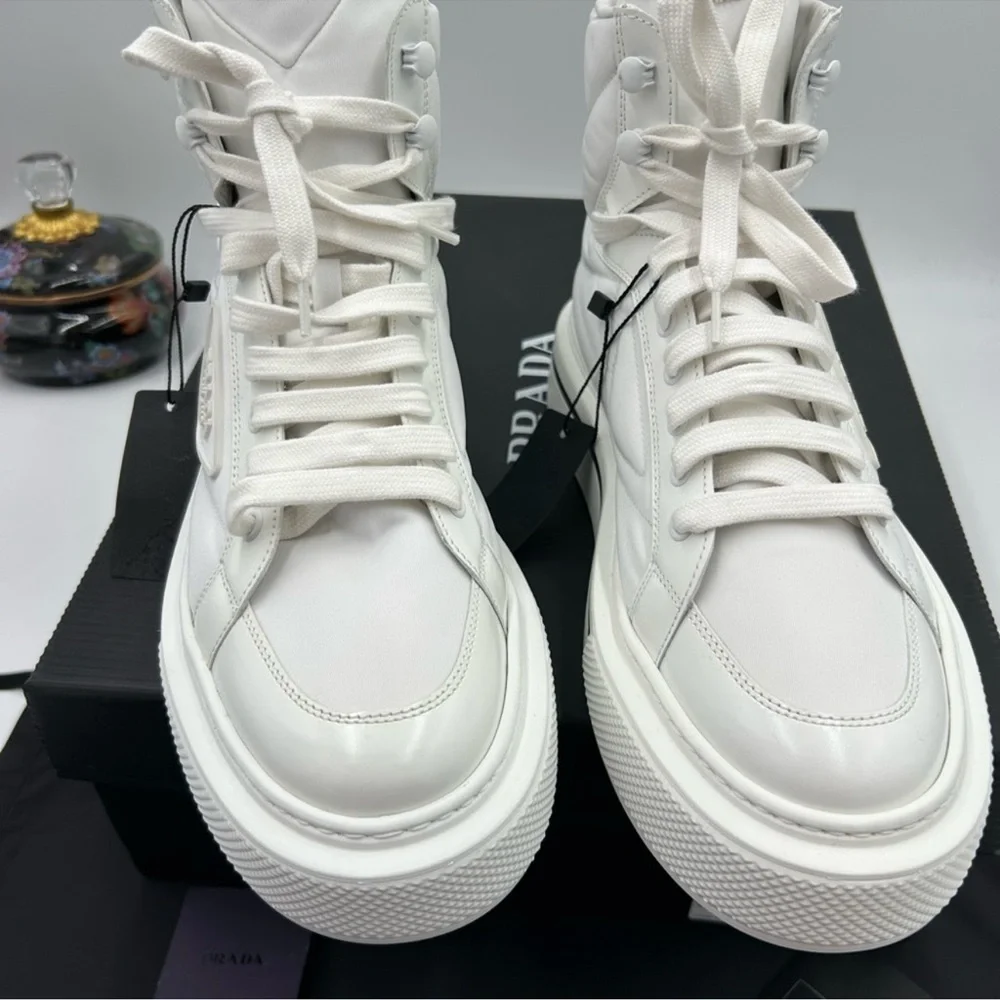 Women’s Prada re-nylon leather hightop sneakers size 39.5 made in Italy